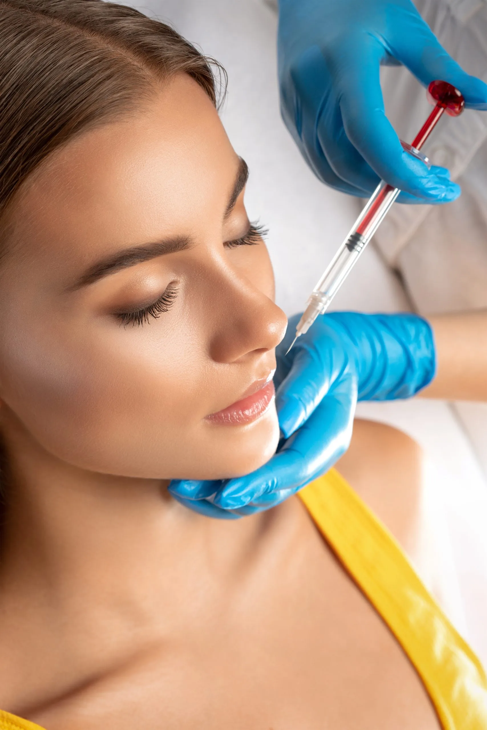 Clinician drawing fluid into syringe while treating patient's lower face