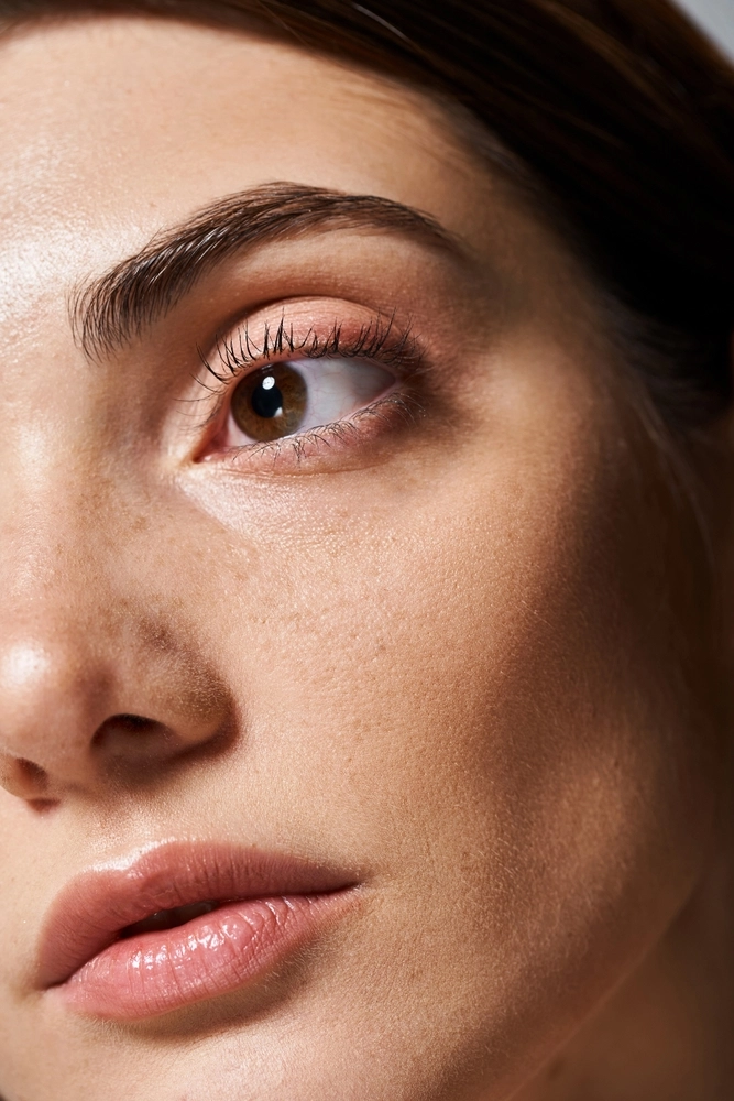 Woman's face in profile showing eye, eyebrow, nose, and lips with natural makeup