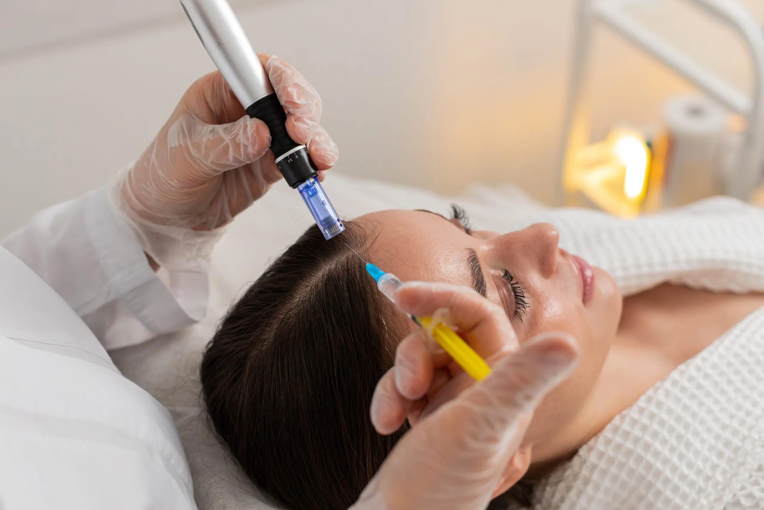 Practitioner using handheld device to apply blue treatment to patient's forehead during facial procedure